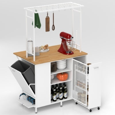 Isla de Cocina con Espacio de Almacenamiento, Barra de Desayuno con Panel Plegable Levadizo, Estantes y Cajones de Gabinete de Almacenamiento Grande, Mesa Grande de Barra de Café con Ganchos, Blanca