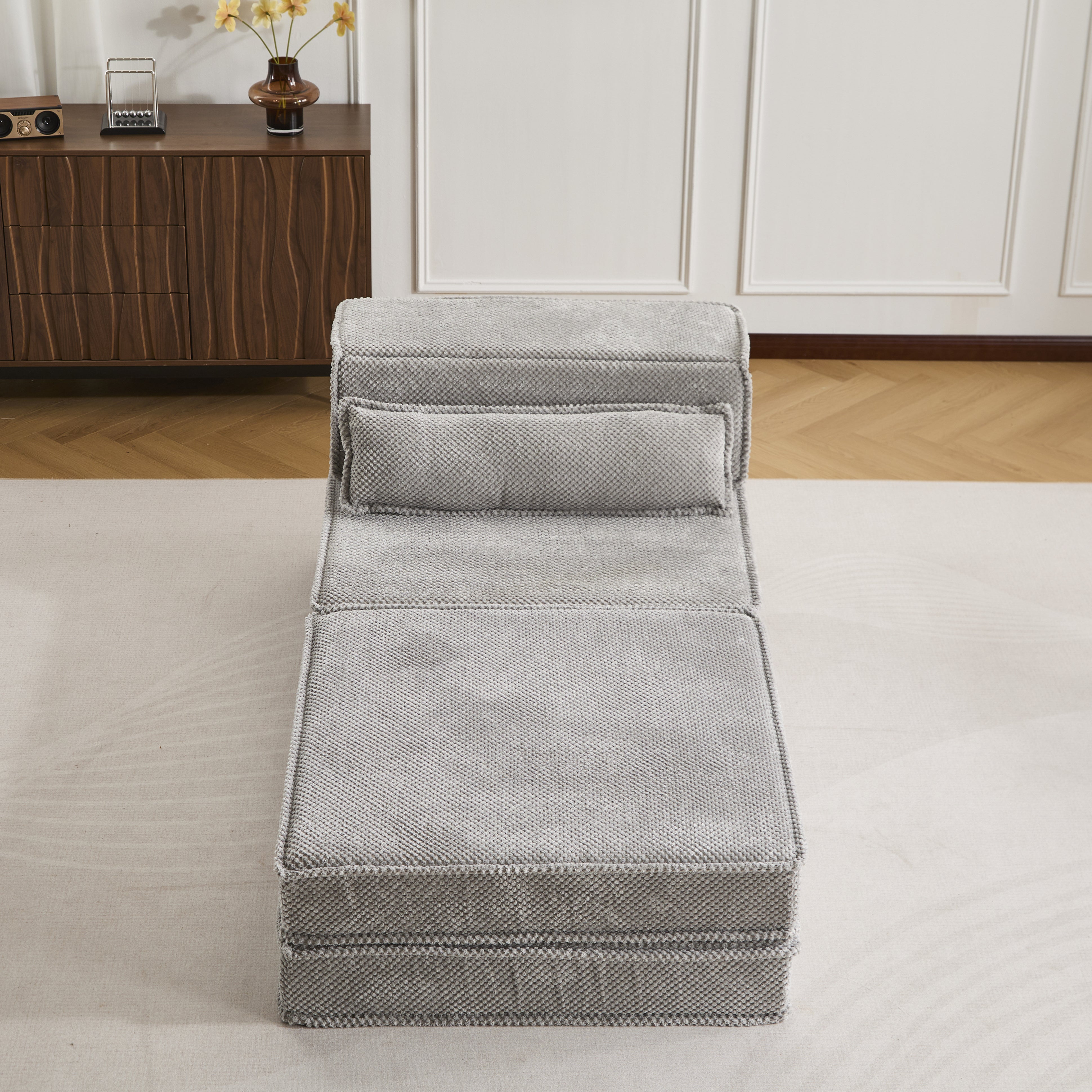 Sofá Mahjong de Compresión, Sofá Cama Convertible para el Suelo, Sofá Seccional Modular sin Huesos DIY, Sin Ensamblaje Requerido, Tejido de Lana de Cirlo, Asiento Individual Sobredimensionado con 1 Almohada y 1 Pouf, Gris Claro