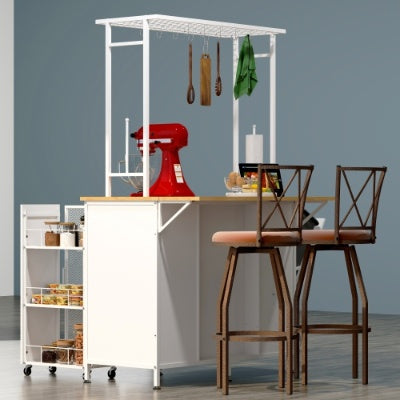 Isla de Cocina con Espacio de Almacenamiento, Barra de Desayuno con Panel Plegable Levadizo, Estantes y Cajones de Gabinete de Almacenamiento Grande, Mesa Grande de Barra de Café con Ganchos, Blanca