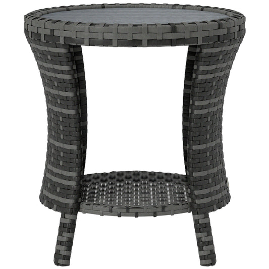 18 Wicker Outdoor Coffee Table, PE Rattan Patio Side Table With 2-Tier Storage, Composite Wood Top, Gray