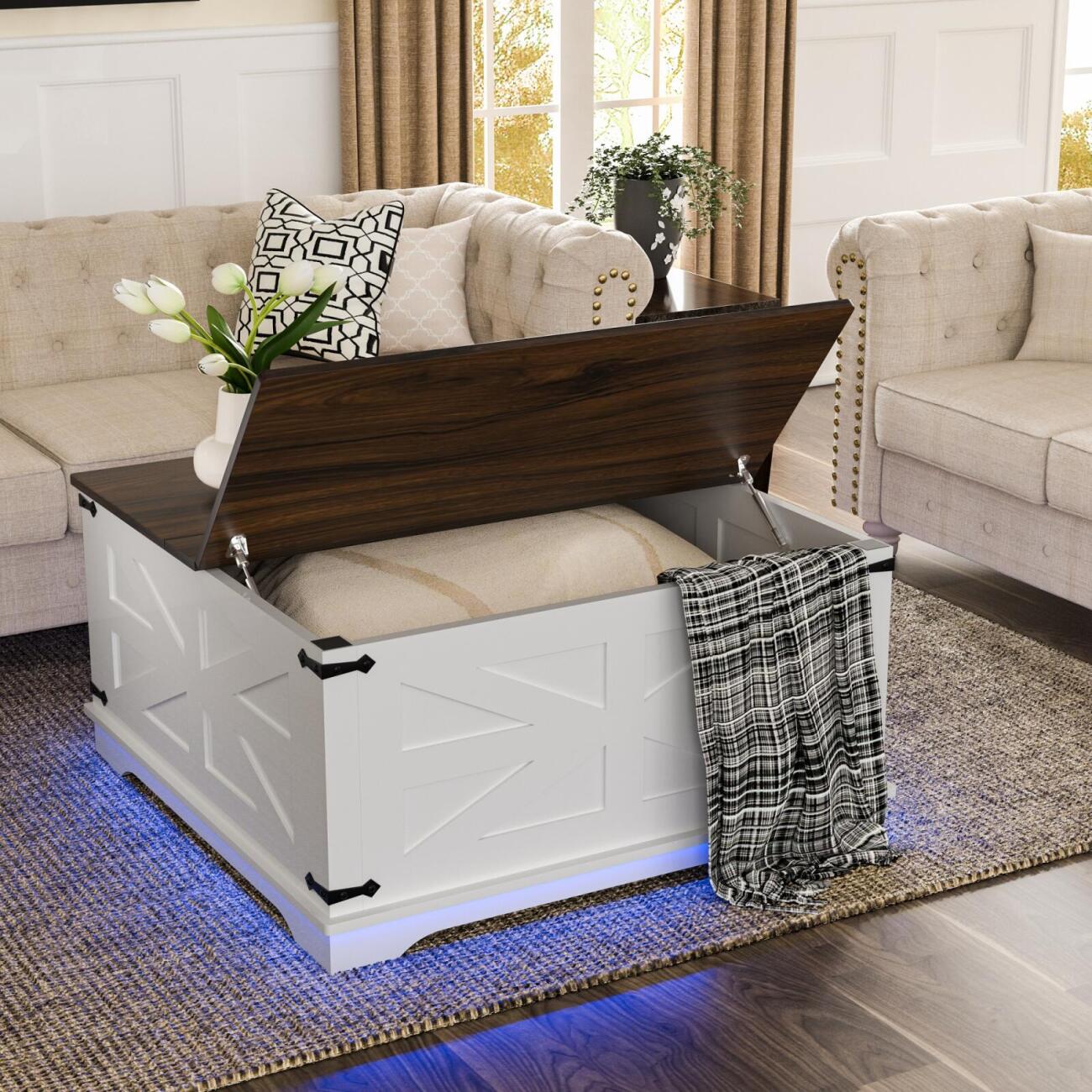 Mesa de Centro de Estilo Rústico con Superficie Elevable, Estación de Carga USB y Almacenamiento Oculto - Base de Madera Resistente, Opciones en Blanco-Marrón, Perfecta para la Organización del Salón, Mesa de Centro para el Salón, Versátil