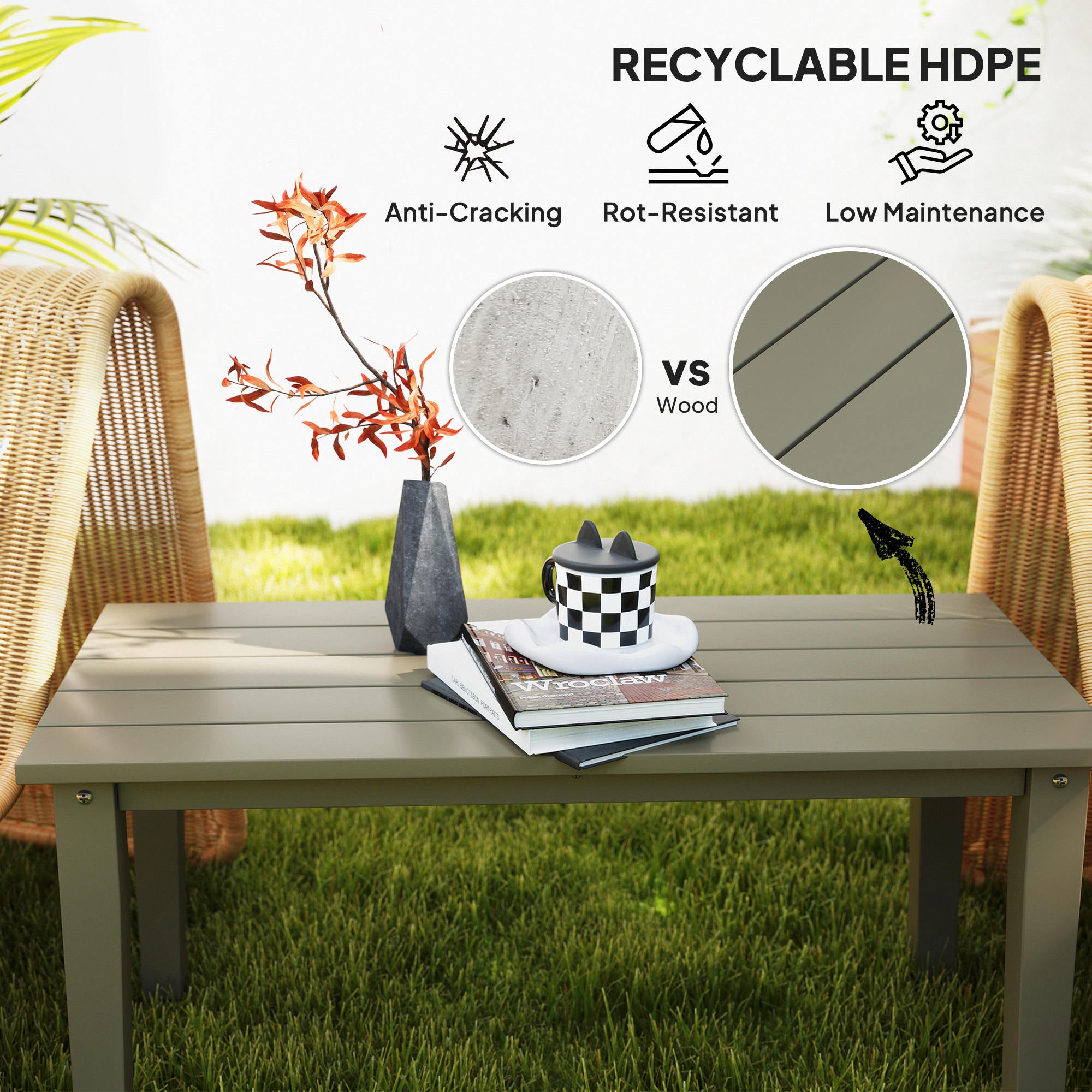 Mesa de Café Rectangular para Exteriores, Mesa de Patio Exterior Resistente a Todas las Inclemencias del Tiempo en HDPE con Superficie de Mesa con Listones para Jardín, Balcón, Marrón