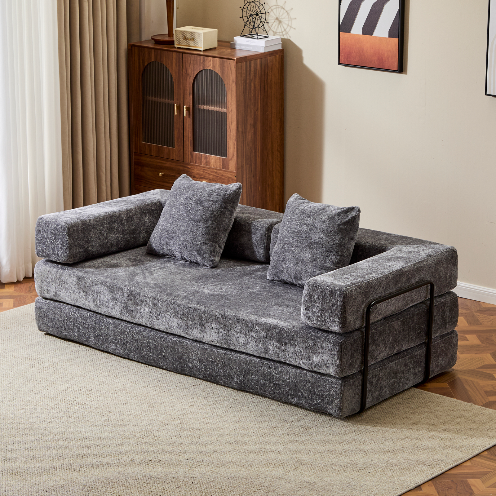 Sofá de Suelo, Sofá de Compresión, Sofá Cama Convertible de Suelo - con Soporte de Espalda en Almohada y Reposabrazos, Sofá Futón Cómodo para Reposar Cama para Dormir, Tela Chenille, para Sala de Estar y Dormitorio GRIS OSCURO