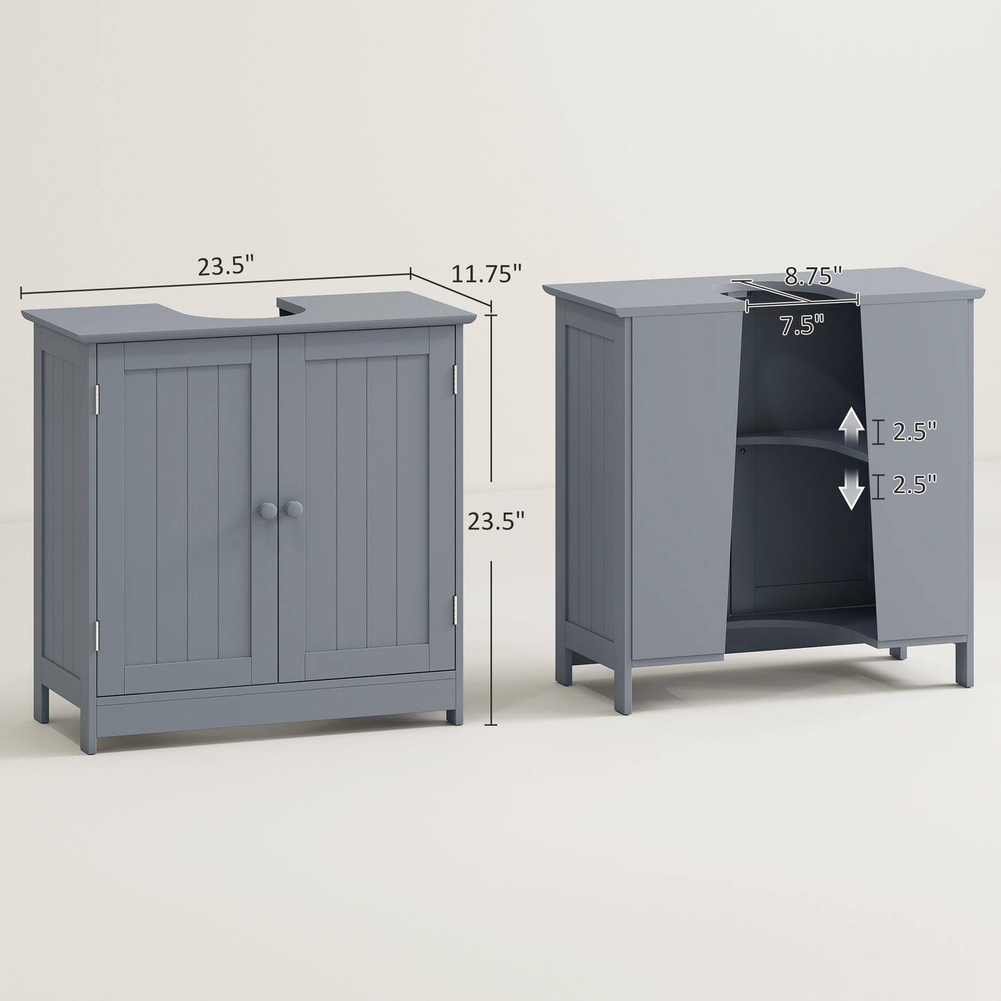 Under Sink Bathroom Cabinet, Pedestal Sink Storage Cabinet with 2 Doors, Shelf and U-Shape, Gray