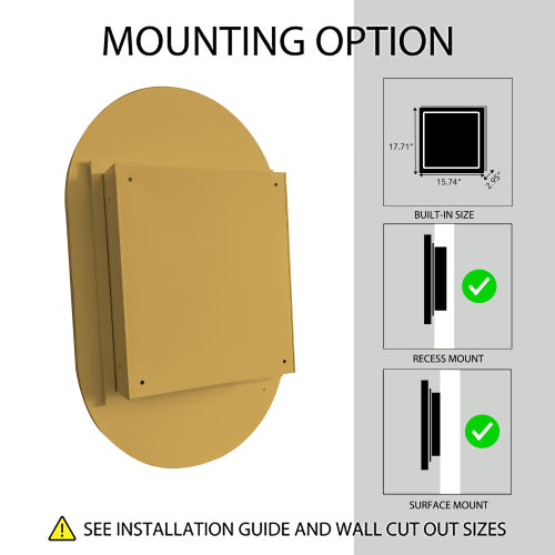 Armario de Medicina Oval Empotrado de 20x34 Pulgadas, Armario de Pared para Baño con Marco de Metal, Espejo y Estantes Ajustables, Espejo de Pared con Almacenamiento para Baño, Oro Mate