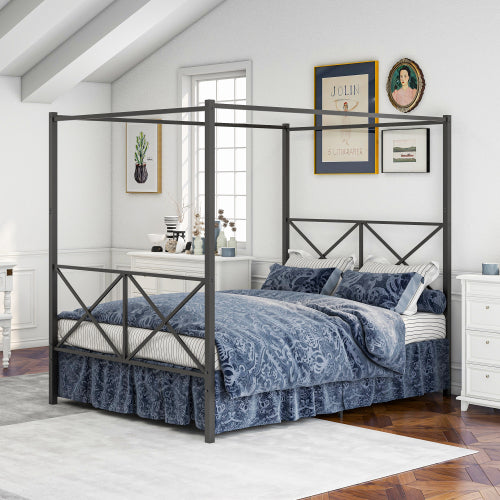 Estructura de Cama con Dosel de Metal, Estructura de Cama Plataforma Queen con Marco en Forma de X Queen Negro