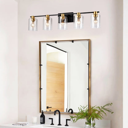 5-Lichtige Badezimmerleuchten in mattschwarzer und mattgoldener Farbe, moderne Waschtischleuchten mit Glasschirm, Vintage-Leuchten für Badezimmer über dem Spiegel, Wandlichter für Küche, Esszimmer, Schlafzimmer und Flur