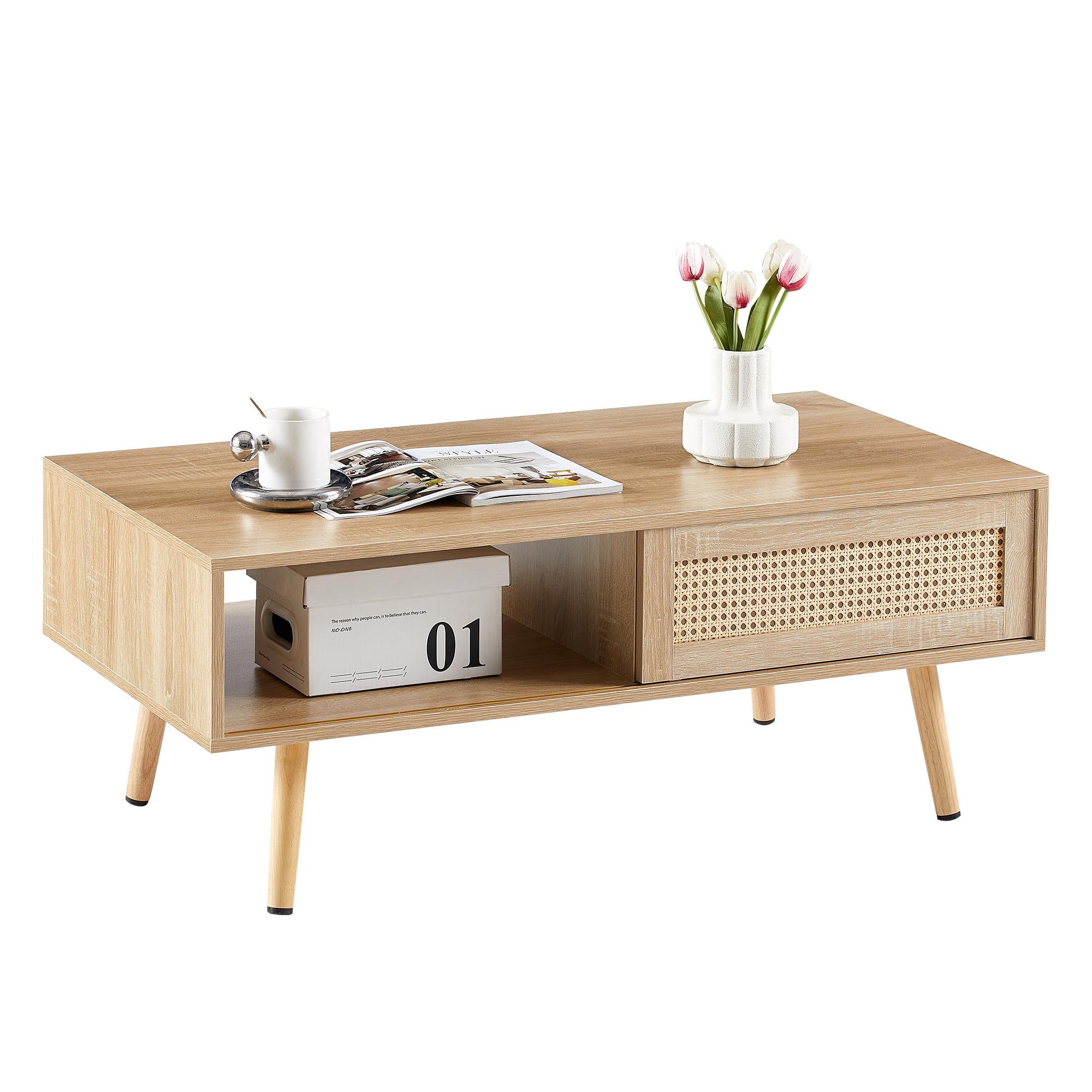 Rattan Sliding Coffee Table With Hidden Storage