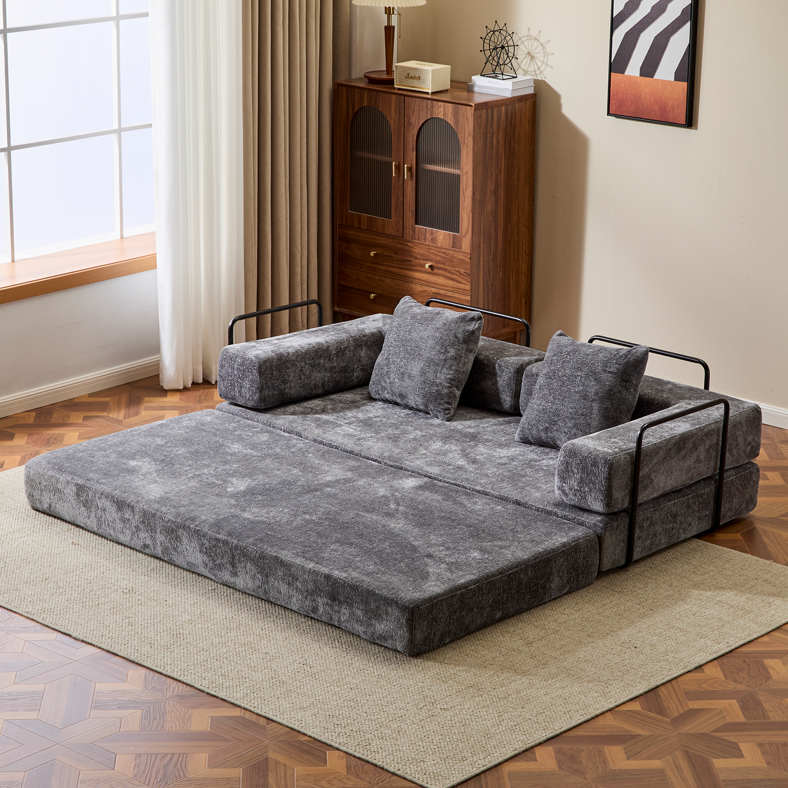Sofá de Suelo, Sofá de Compresión, Sofá Cama Convertible de Suelo - con Soporte de Espalda en Almohada y Reposabrazos, Sofá Futón Cómodo para Reposar Cama para Dormir, Tela Chenille, para Sala de Estar y Dormitorio GRIS OSCURO
