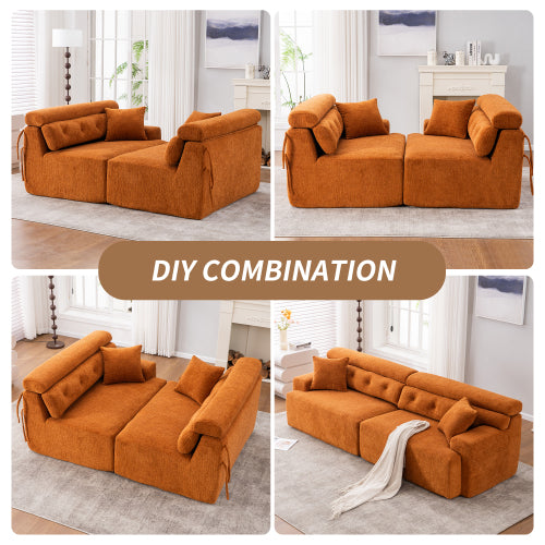 LY-029 ORANGE KOMPRESSIONS-SOFA 4-Sitzer Kombiniertes Sofa, Holzmaserung-Chenille-Stoff, Voll-Schwamm-Kompressionssofa, kombiniertes Sofa mit 2 Kissen für Wohnzimmer Möbel Wohnung