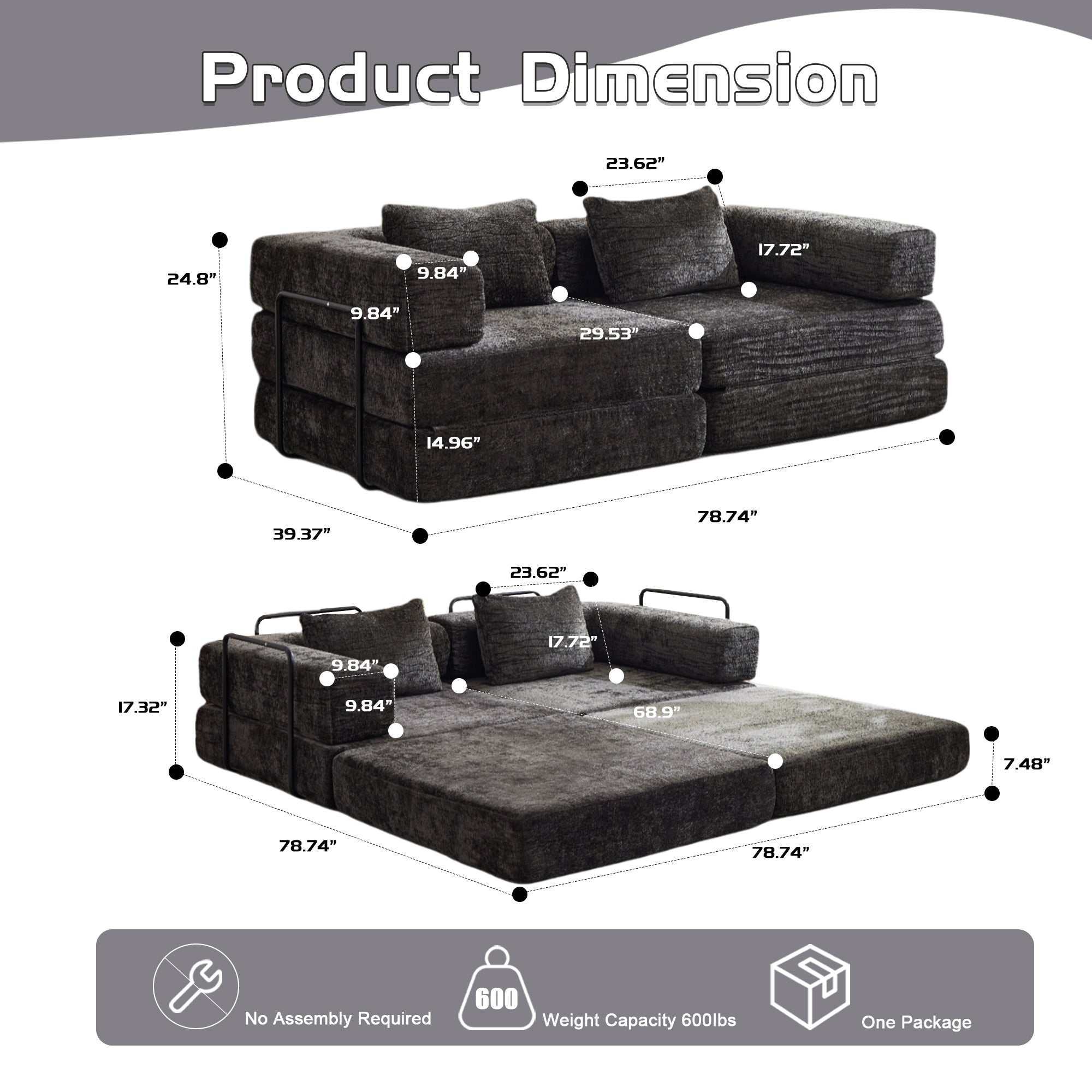 Sofá de Compresión, Sofá Cama Convertible para el Suelo con Marco de Forma Fija, Sofá Seccional Modular sin Huesos para Dos Personas, Sin Ensamblaje Requerido, Tela de Chenille, para Sala de Estar y Dormitorio, Negro