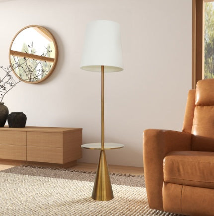 Celestial Modern Floor Lamp With Brass Accent Table With Large White Shade