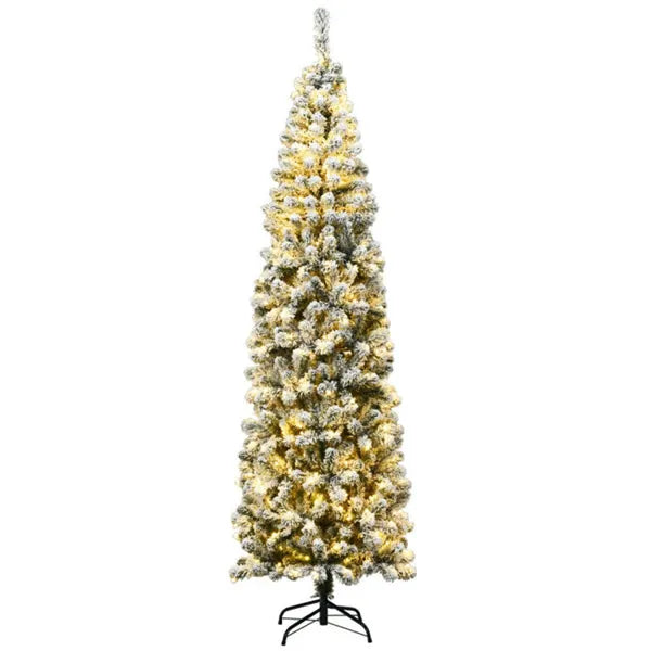 7.5ft Snow Flocked Pencil Christmas Tree - 641 Branch Tips, 350 Warm LED Lights, PVC+Metal