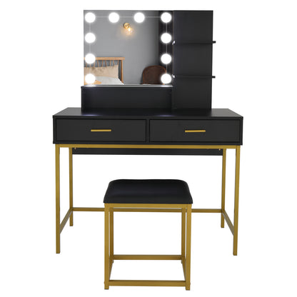 Black, Particleboard, Steel Frame, Two-drawer, Three-tier Shelf, Dressing Table Set, Three-tone Light, Light Luxury