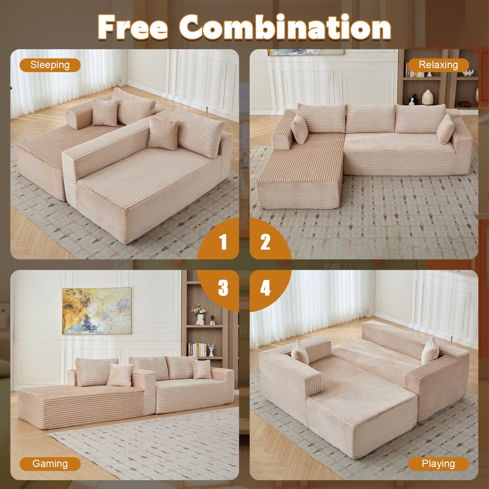 Sofá Cama de Compresión en Forma de L, Sofá Seccional Convertible con Soporte de Respaldo en Almohadas - Chaise Longue de Piso Plegable, Futón Dormitorio de Tela de Corduroy para Sala de Estar, Dormitorio, Sala de Juegos SIN TEMU