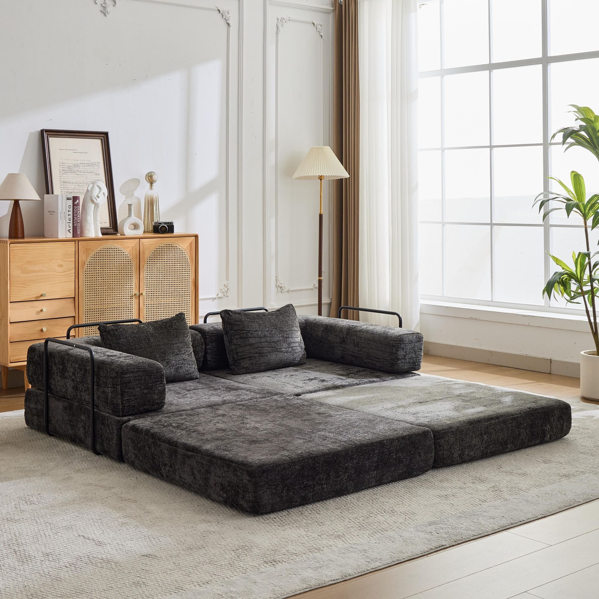 Sofá de Compresión, Sofá Cama Convertible para el Suelo con Marco de Forma Fija, Sofá Seccional Modular sin Huesos para Dos Personas, Sin Ensamblaje Requerido, Tela de Chenille, para Sala de Estar y Dormitorio, Negro
