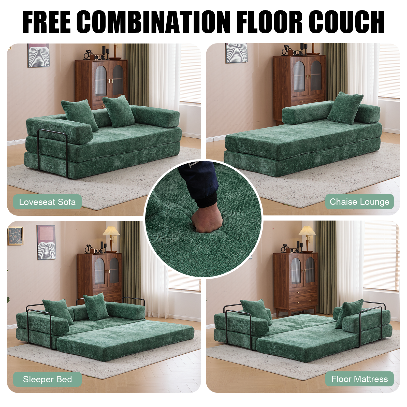 Sofá de Suelo, Sofá con Compresión, Sofá Cama Convertible de Suelo - con Soporte para la Espalda en Forma de Almohada y Reposabrazos, Sofá Futón Cómodo para Descanso y Cama para Dormir, Tela de Chenilla, para Sala de Estar y Dormitorio en Verde Oscuro