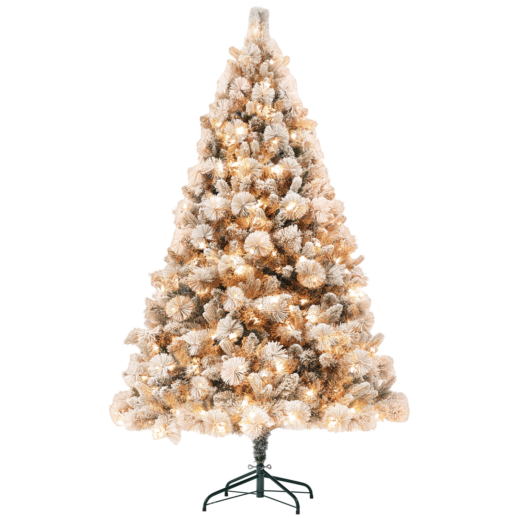 HOMCOM 2 m vorbeleuchteter künstlicher Weihnachtsbaum mit 350 klaren Lichtern und 1107 Ästen, schneebeflockter Weihnachtsbaum mit Metallständer, klappbarer Weihnachtsbaum für Zuhause, Büro und Feiertage, Grün