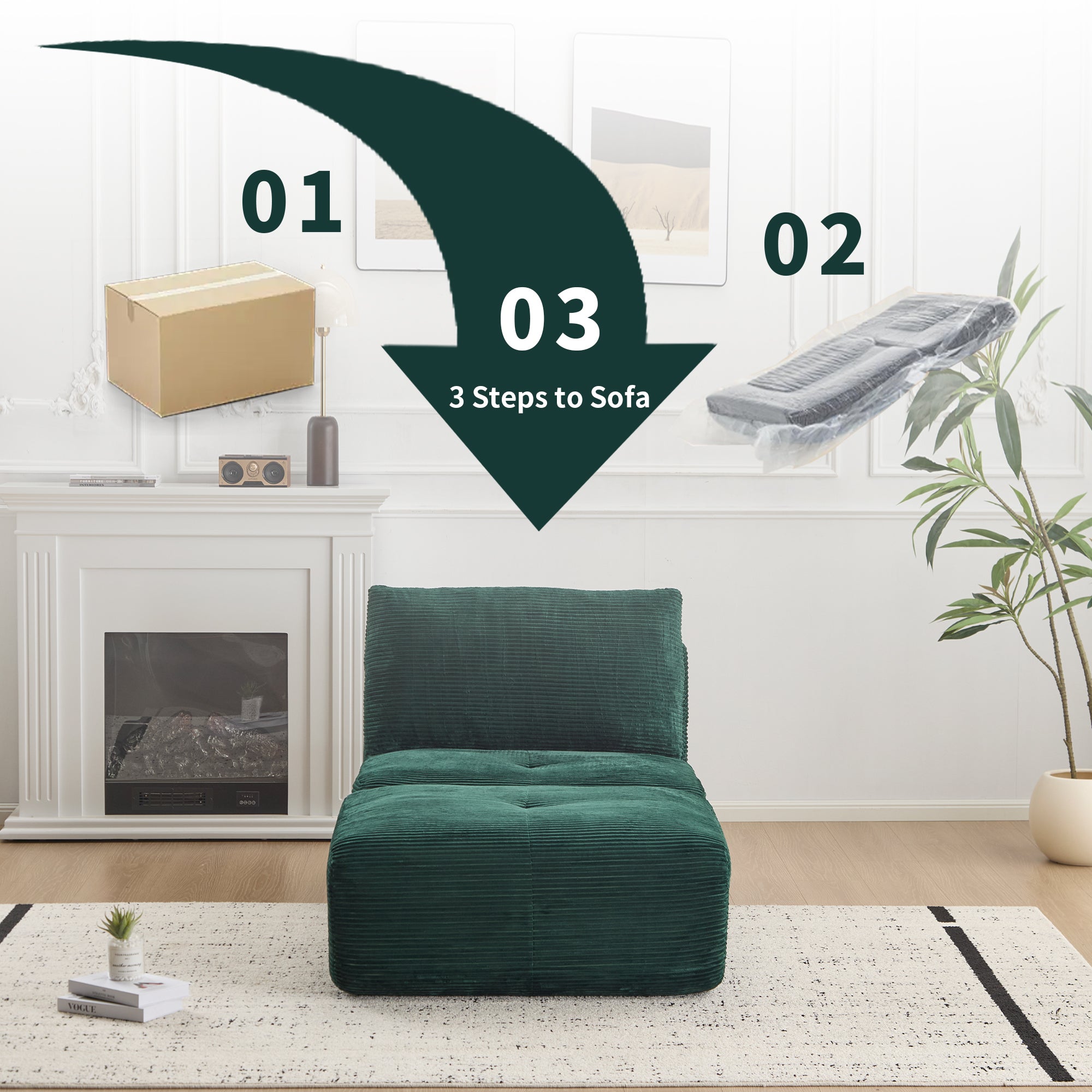 Sofá Comprimido de Espuma de Memoria Moderna, Chaise Longue Individual para Sala de Estar, Sofá Seccional Modular Amigable con Mascotas en Forma de Nube, Tela de Corduroy, Otomana Móvil, Sin Ensamblaje Requerido, Verde