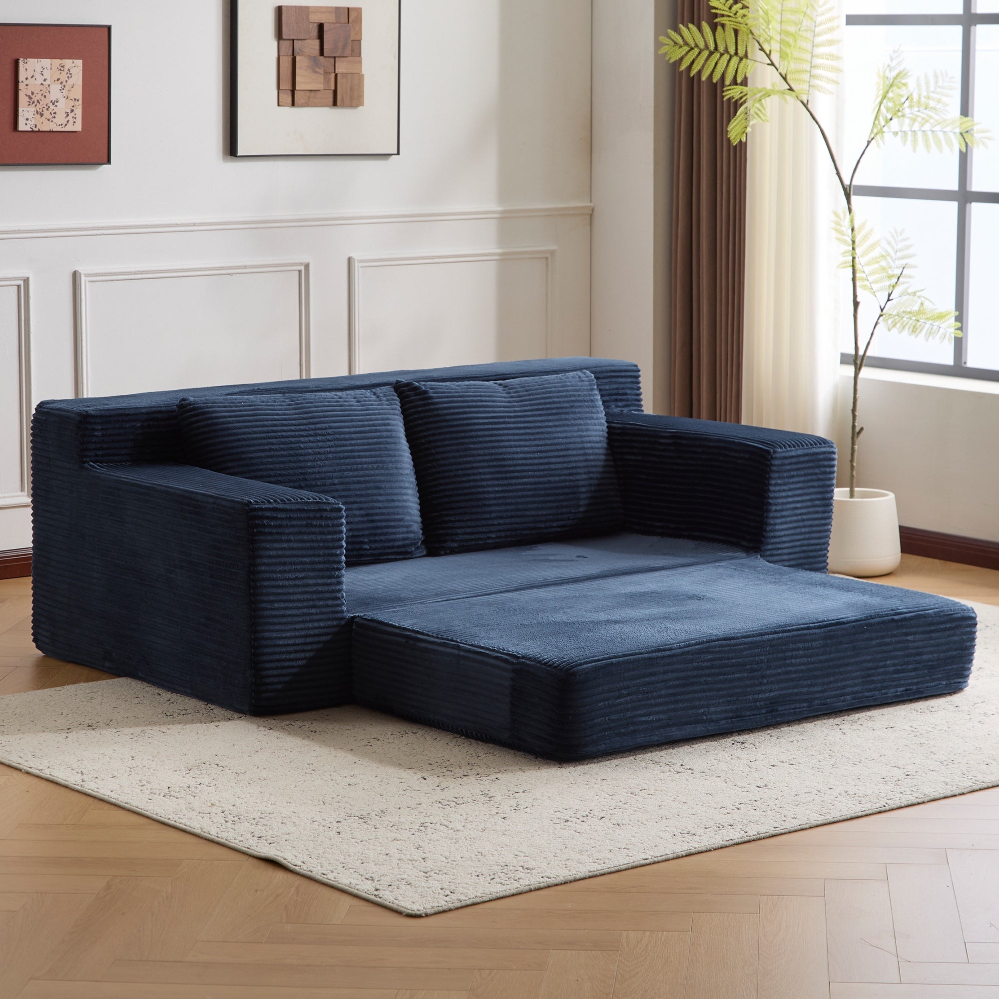 Sofá tipo Loveseat, Sofá cama con asiento profundo cómodo, Sofá moderno pequeño de corduroy para sala de estar y dormitorio, Cojín reversible con almohadas, Sin necesidad de ensamblaje, Azul oscuro
