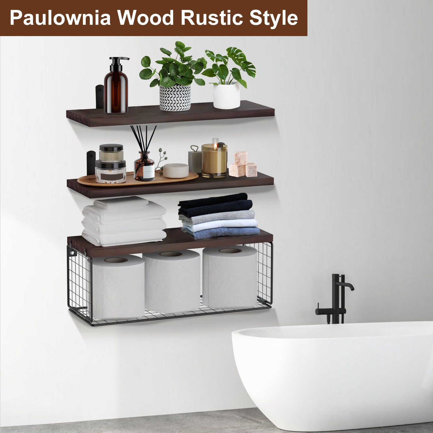 Estanterías Flotantes 2 en 1 Montadas en la Pared con Cesta de Almacenamiento Estanterías para Baño Estanterías sobre el Inodoro Estanterías de Madera para Dormitorio Sala de Estar Cocina Oficina Decoración de Pared para Plantas