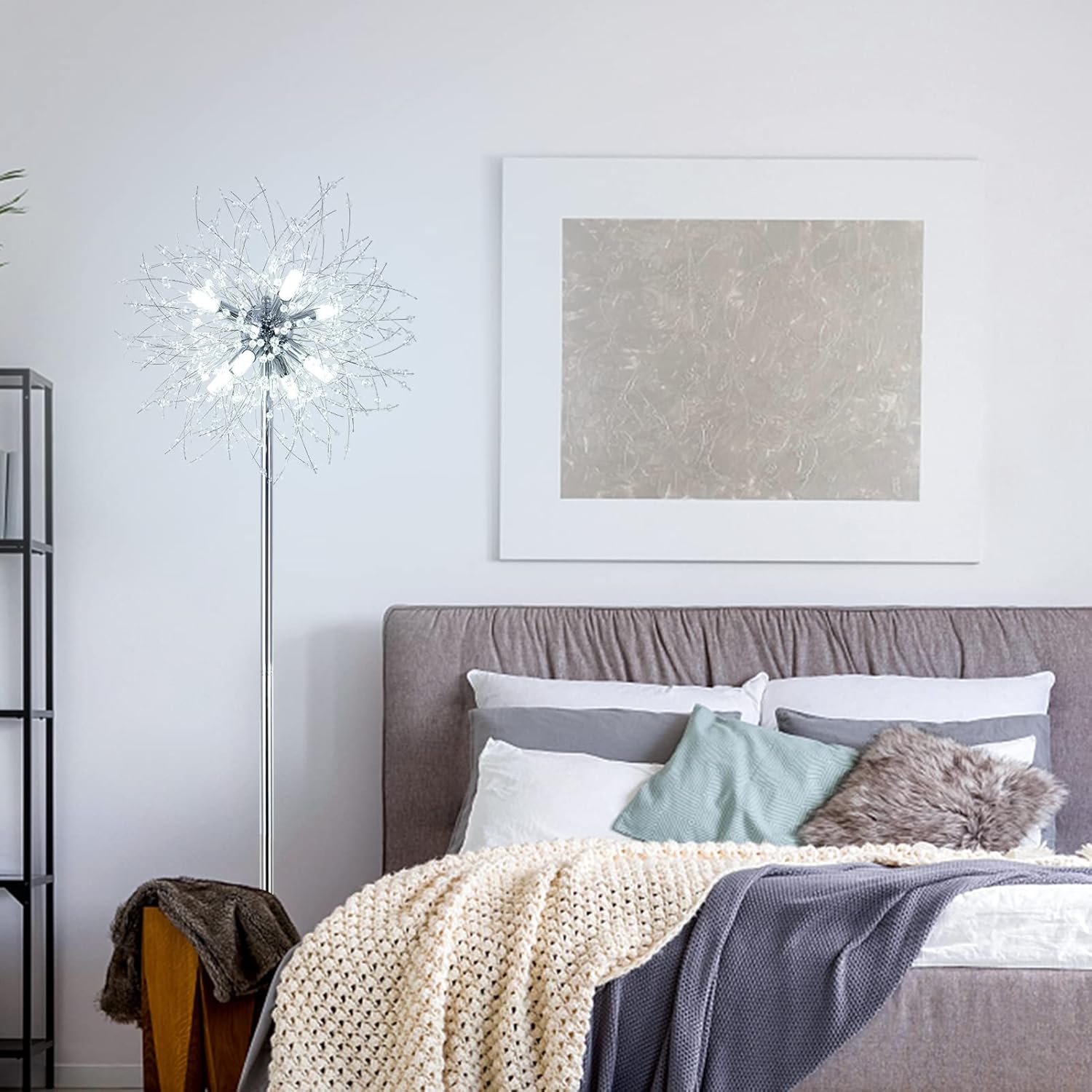 Lámpara de Pie de Cristal para Dormitorio,,Lámpara de Poste de 69 Pulgadas de Alto, Lámpara de Piso Decorativa para Habitación Moderna, Incluye 32 Suspensores de Cristal de Fuegos Artificiales, Acabado en Cromo Plataformas No Disponibles- Welfel