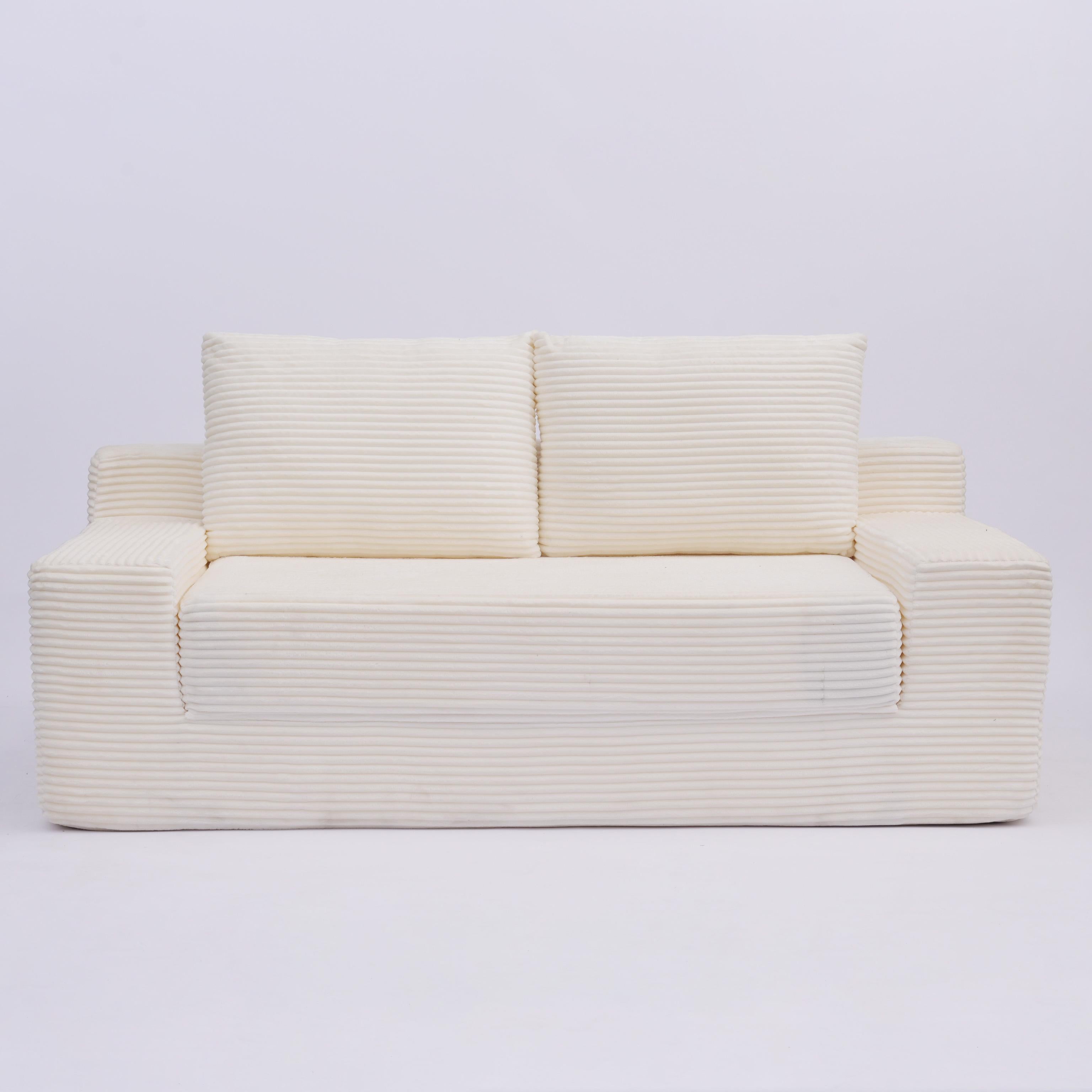 Sofá tipo Loveseat, Sofá cama con asiento profundo cómodo, Sofá moderno pequeño de corduroy para sala de estar o dormitorio, Cojín reversible con almohadas, Sin necesidad de ensamblaje, Blanco