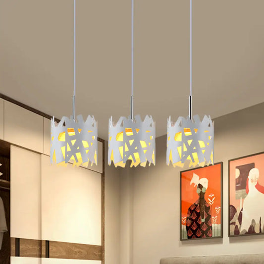 3-Bulb Modernist White Pendant Light with Hollow-Out Iron Shade – Ideal for Living Room, Multiple Hanging & Linear Canopy