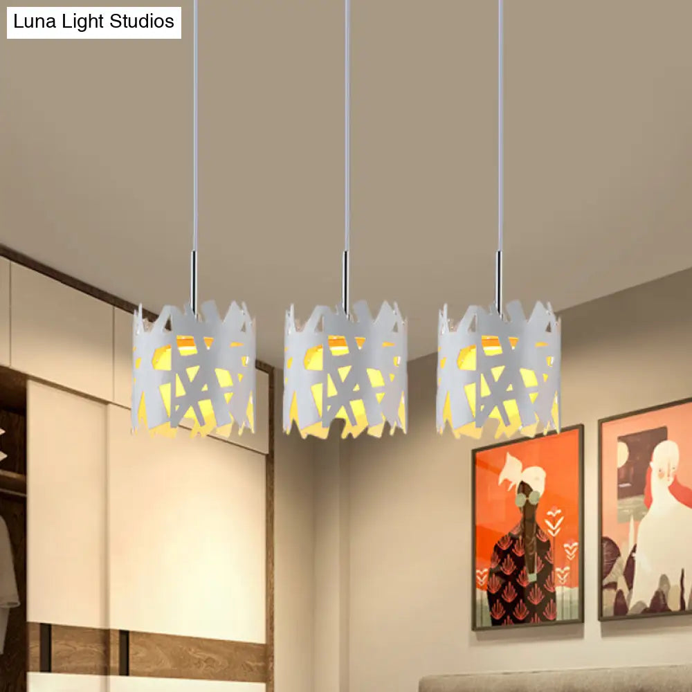 3-Bulb Modernist White Pendant Light with Hollow-Out Iron Shade – Ideal for Living Room, Multiple Hanging & Linear Canopy