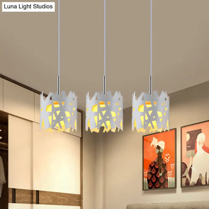 3-Bulb Modernist White Pendant Light with Hollow-Out Iron Shade – Ideal for Living Room, Multiple Hanging & Linear Canopy