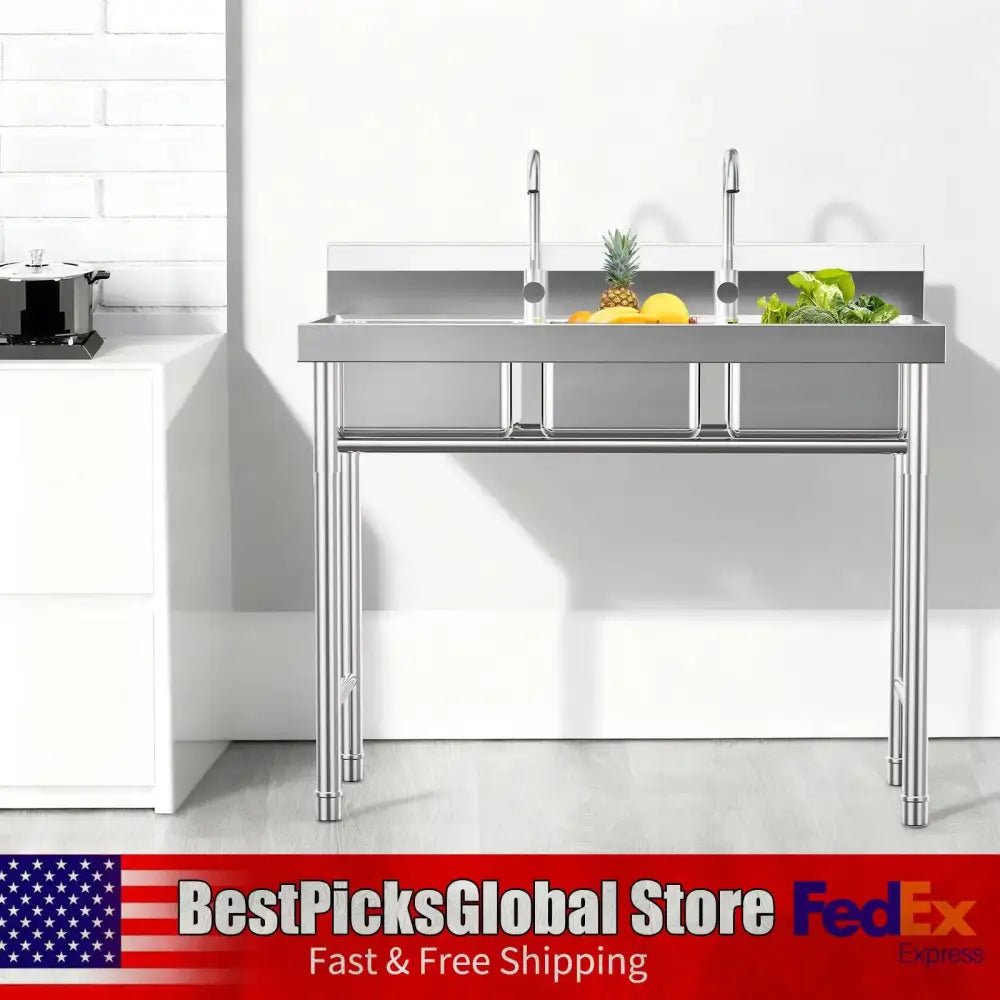 3-Compartment Sink, Stainless Steel Commercial Kitchen Sink with 2 Faucets, Large Laundry Wash Basin for Restaurants, Bathroom - Decorbites