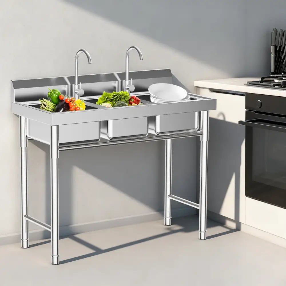3-Compartment Sink, Stainless Steel Commercial Kitchen Sink with 2 Faucets, Large Laundry Wash Basin for Restaurants, Bathroom - Decorbites