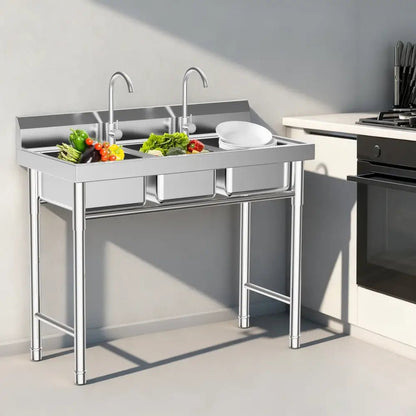 3-Compartment Sink, Stainless Steel Commercial Kitchen Sink with 2 Faucets, Large Laundry Wash Basin for Restaurants, Bathroom - Decorbites
