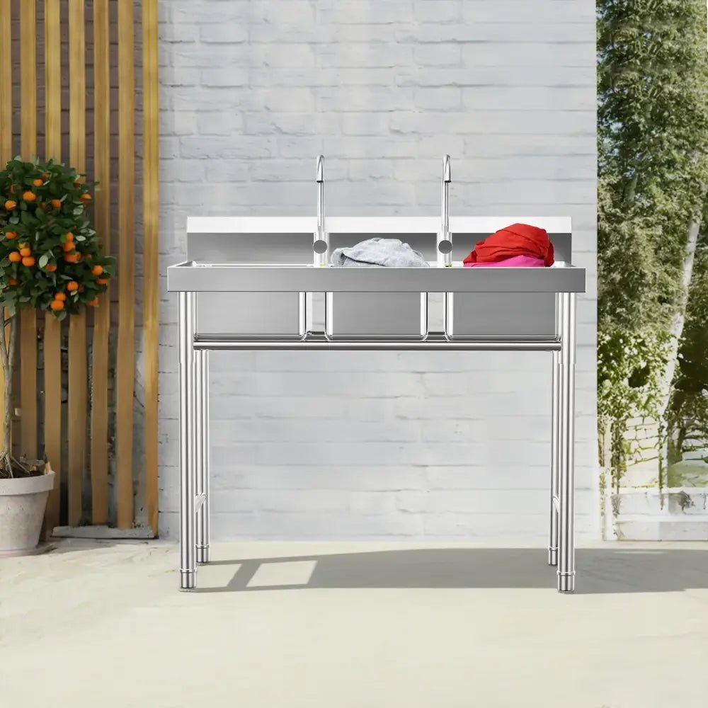 3-Compartment Sink, Stainless Steel Commercial Kitchen Sink with 2 Faucets, Large Laundry Wash Basin for Restaurants, Bathroom - Decorbites