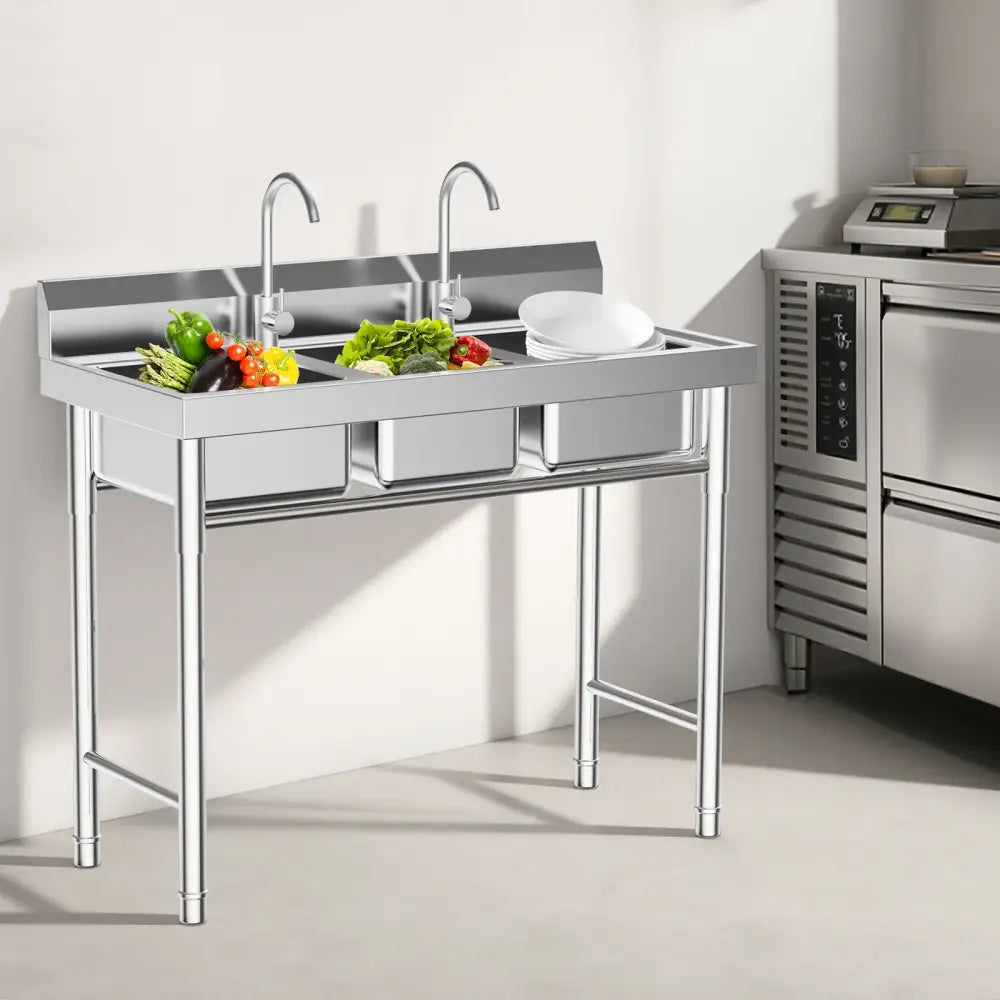 3-Compartment Sink, Stainless Steel Commercial Kitchen Sink with 2 Faucets, Large Laundry Wash Basin for Restaurants, Bathroom