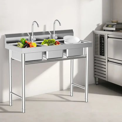 3-Compartment Sink, Stainless Steel Commercial Kitchen Sink with 2 Faucets, Large Laundry Wash Basin for Restaurants, Bathroom