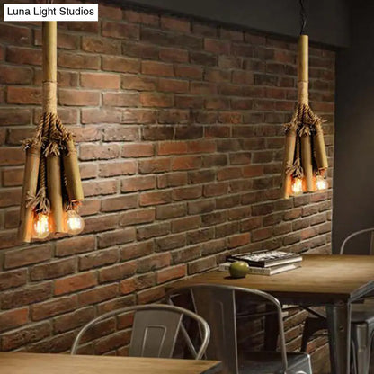 3-Head Bamboo Pendant Chandelier with Tubular Rope Design for Restaurants and Warehouses - Brown with Open Bulb Fixture