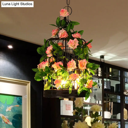 Lámpara colgante tipo loft con forma de jaula de pájaros de 3 cabezas - Suspensión de hierro negro con detalles de rosas y hojas