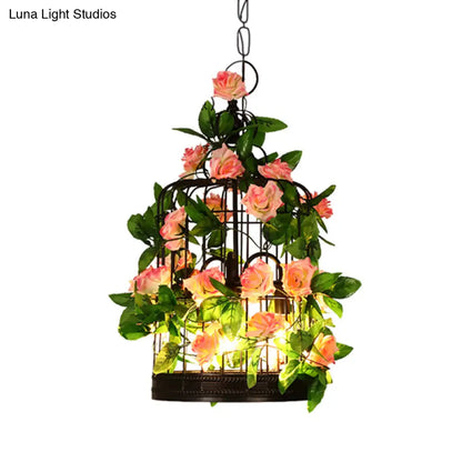 3-Head Birdcage Chandelier Loft Pendant Light - Black Iron Suspension with Rose and Leaf Accents