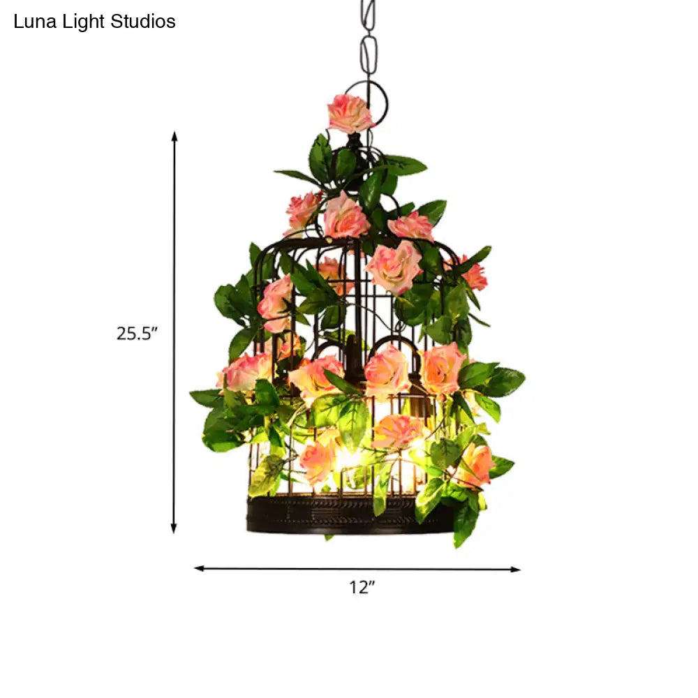 3-Head Birdcage Chandelier Loft Pendant Light - Black Iron Suspension with Rose and Leaf Accents