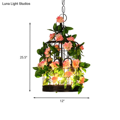 3-Head Birdcage Chandelier Loft Pendant Light - Black Iron Suspension with Rose and Leaf Accents