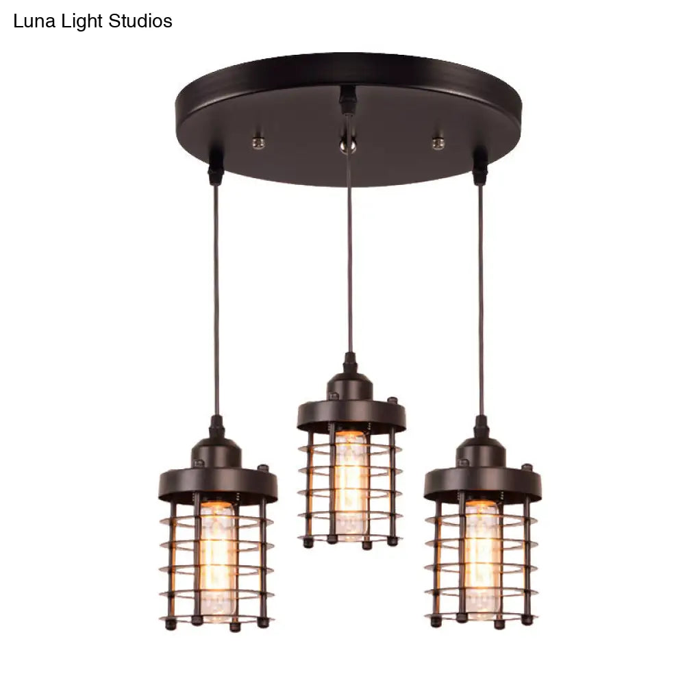 3-Head Black Metal Pendant Lamp for Dining Table and Warehouse | Cylindrical Design