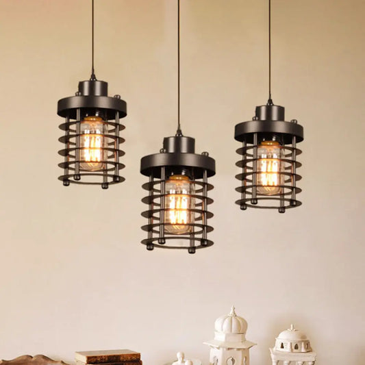 3-Head Black Metal Pendant Lamp for Dining Table and Warehouse | Cylindrical Design