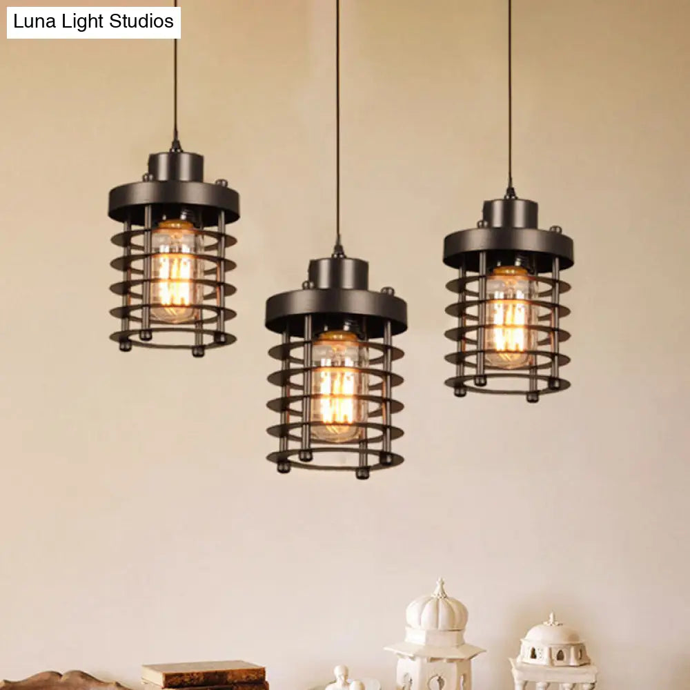 3-Head Black Metal Pendant Lamp for Dining Table and Warehouse | Cylindrical Design