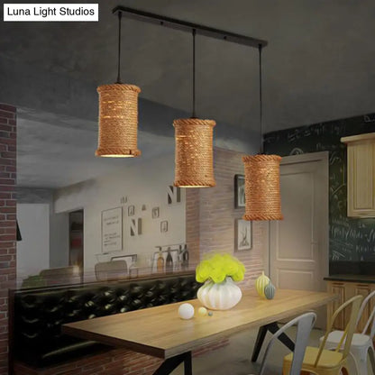 3-Head Brown Rope Pendant Light for Dining Room Ceiling with Round/Linear Canopy