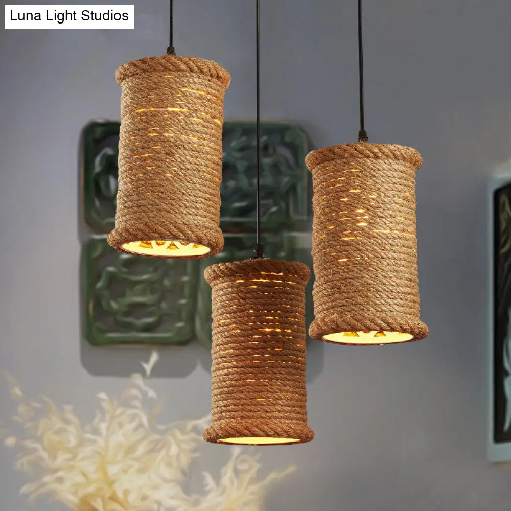 3-Head Brown Rope Pendant Light for Dining Room Ceiling with Round/Linear Canopy