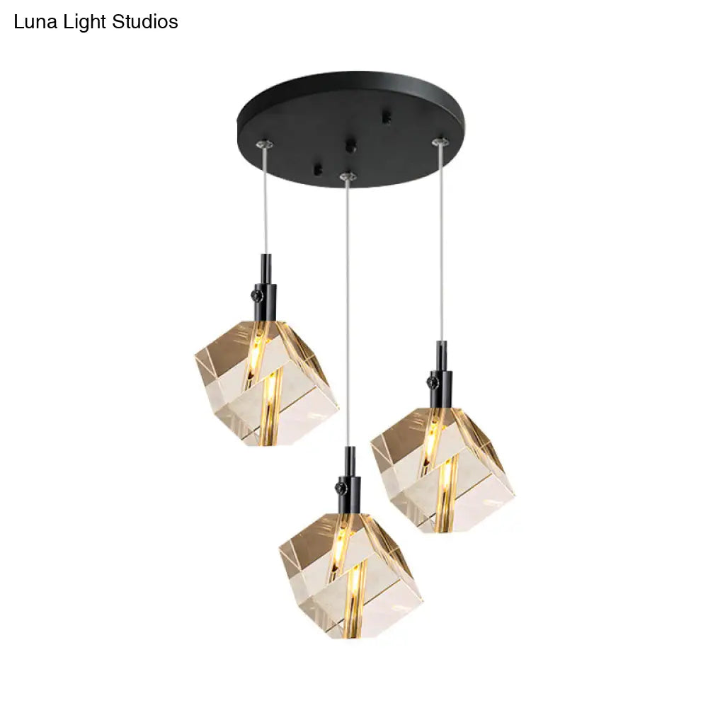 3-Head Clear Crystal Cube Pendant Light in Modern Black Design for Dining Room LED Suspension