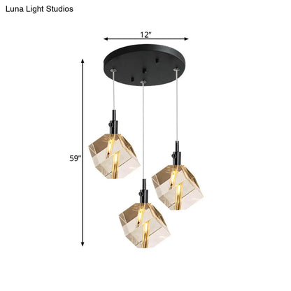 3-Head Clear Crystal Cube Pendant Light in Modern Black Design for Dining Room LED Suspension