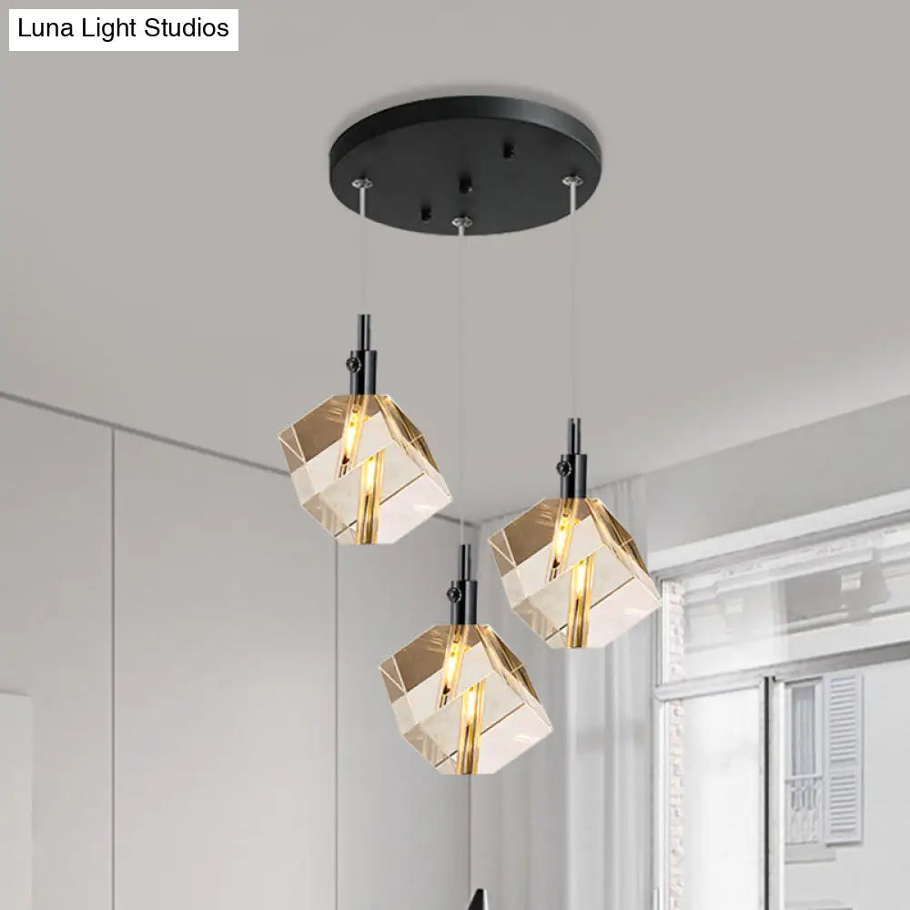 3-Head Clear Crystal Cube Pendant Light in Modern Black Design for Dining Room LED Suspension