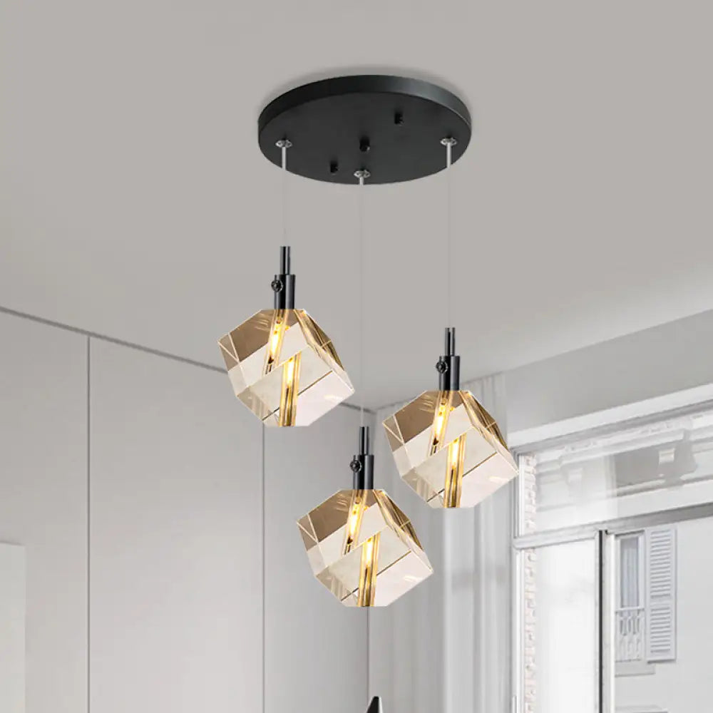 3-Head Clear Crystal Cube Pendant Light in Modern Black Design for Dining Room LED Suspension